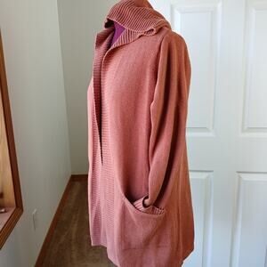 Tahari Hooded Orange Cardigan Sweater 1X pockets open front wrap long duster